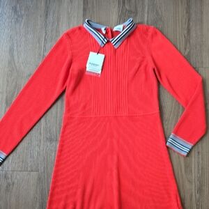 Burberry Red Ribbed Dress with Striped Collar